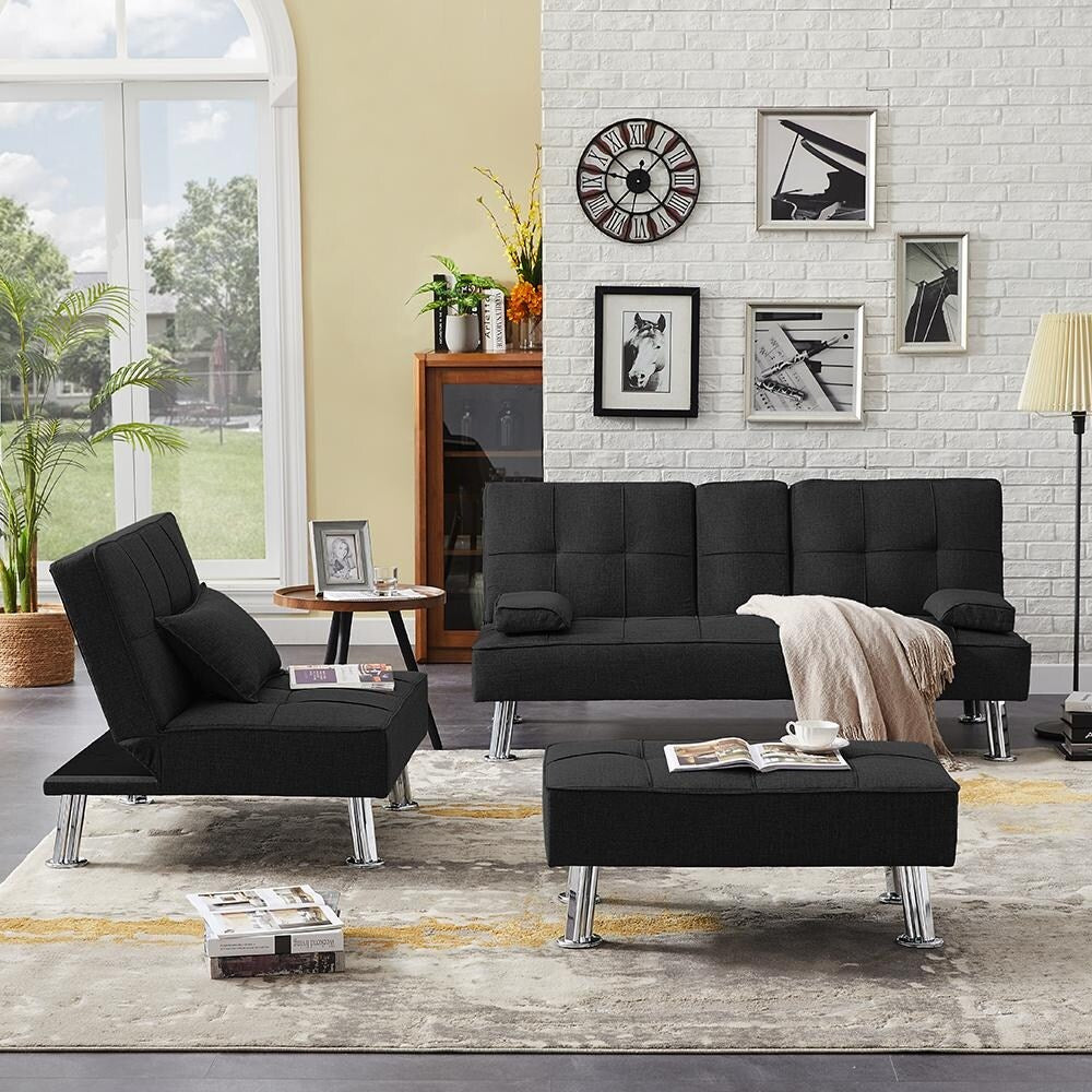 Fabric Folding Sofa Bed with 2 Cup Holders Sofa Bed with Ottoman
