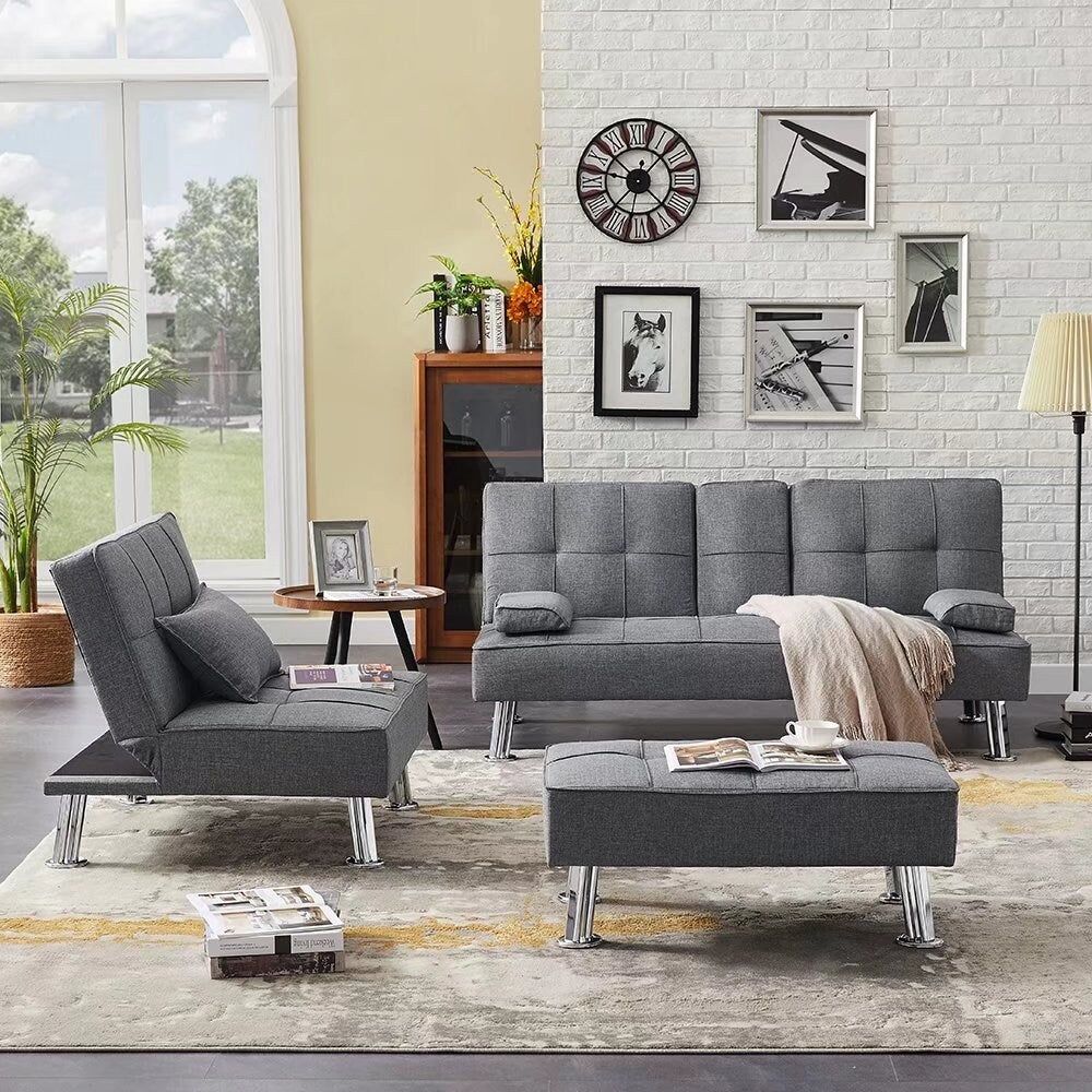Fabric Folding Sofa Bed with 2 Cup Holders Sofa Bed with Ottoman