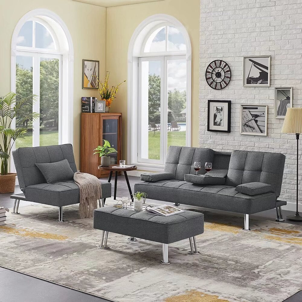 Fabric Folding Sofa Bed with 2 Cup Holders Sofa Bed with Ottoman
