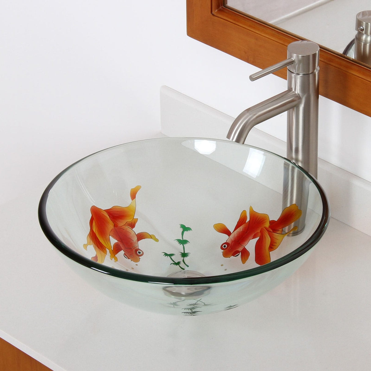ELITE Bathroom Koi Fish Style Tempered Glass Vessel Sink & Chrome Single Lever Faucet Combo