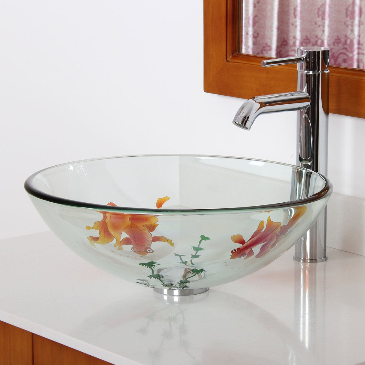 ELITE Bathroom Koi Fish Style Tempered Glass Vessel Sink & Chrome Single Lever Faucet Combo