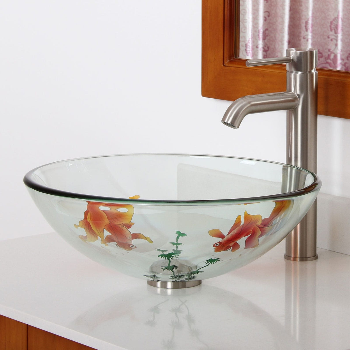 ELITE Bathroom Koi Fish Style Tempered Glass Vessel Sink & Chrome Single Lever Faucet Combo