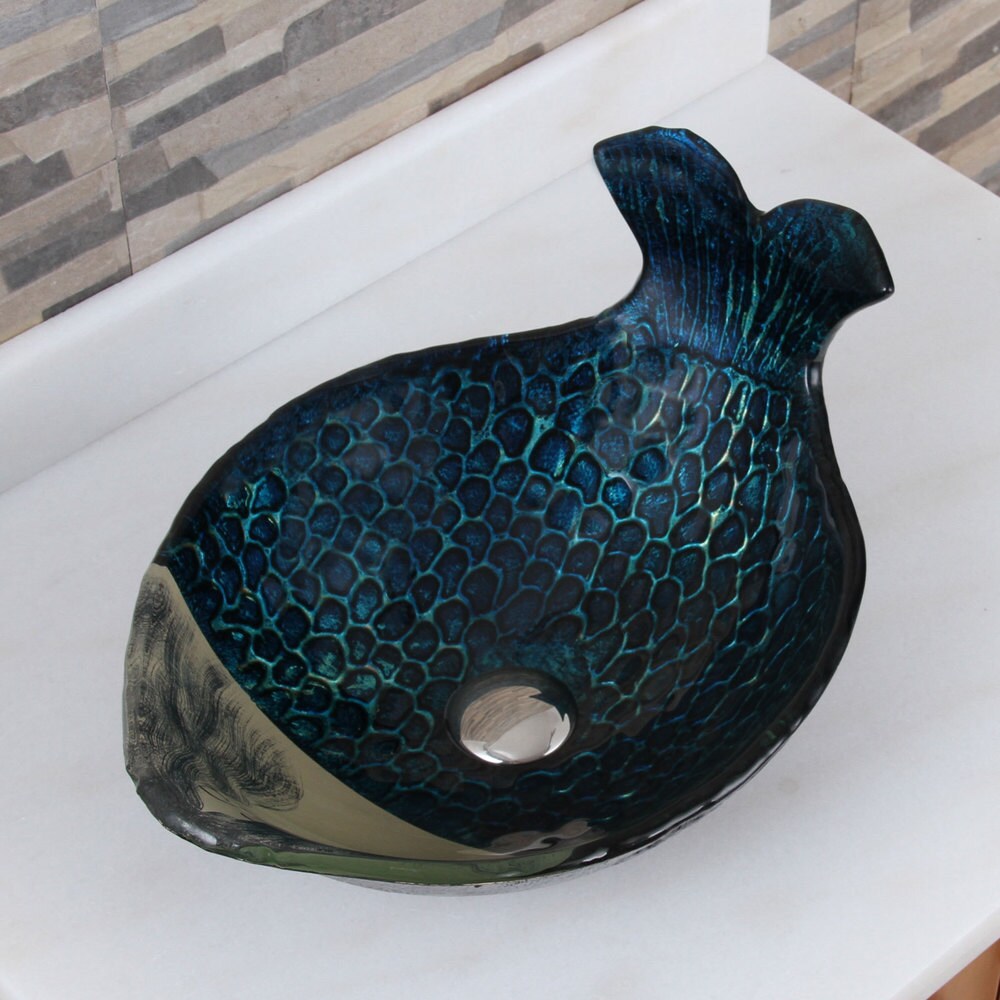 Elite Mermaid IVAN+882002 Pattern Tempered Glass Bathroom Vessel Sink with Faucet Combo