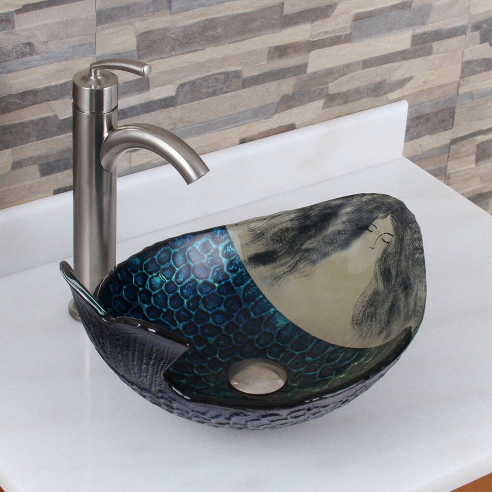 Elite Mermaid IVAN+882002 Pattern Tempered Glass Bathroom Vessel Sink with Faucet Combo