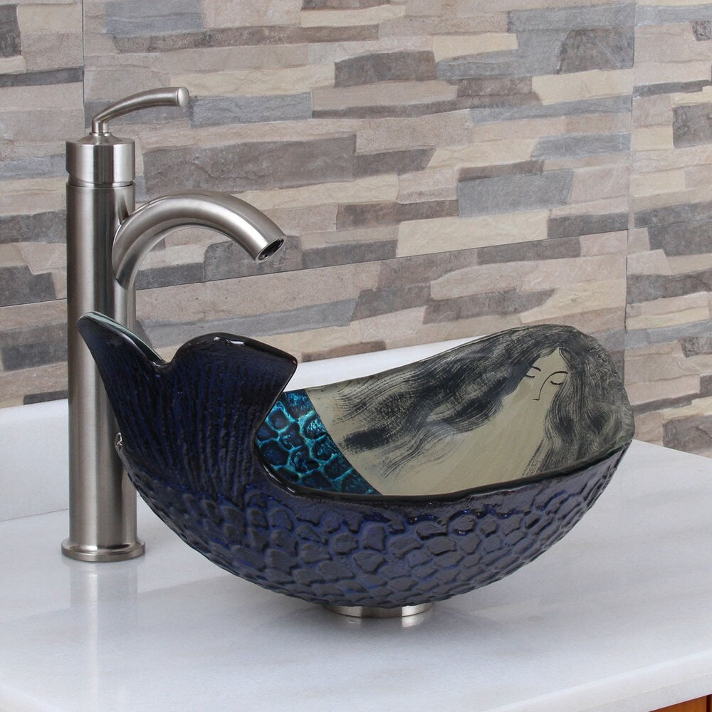 Elite Mermaid IVAN+882002 Pattern Tempered Glass Bathroom Vessel Sink with Faucet Combo