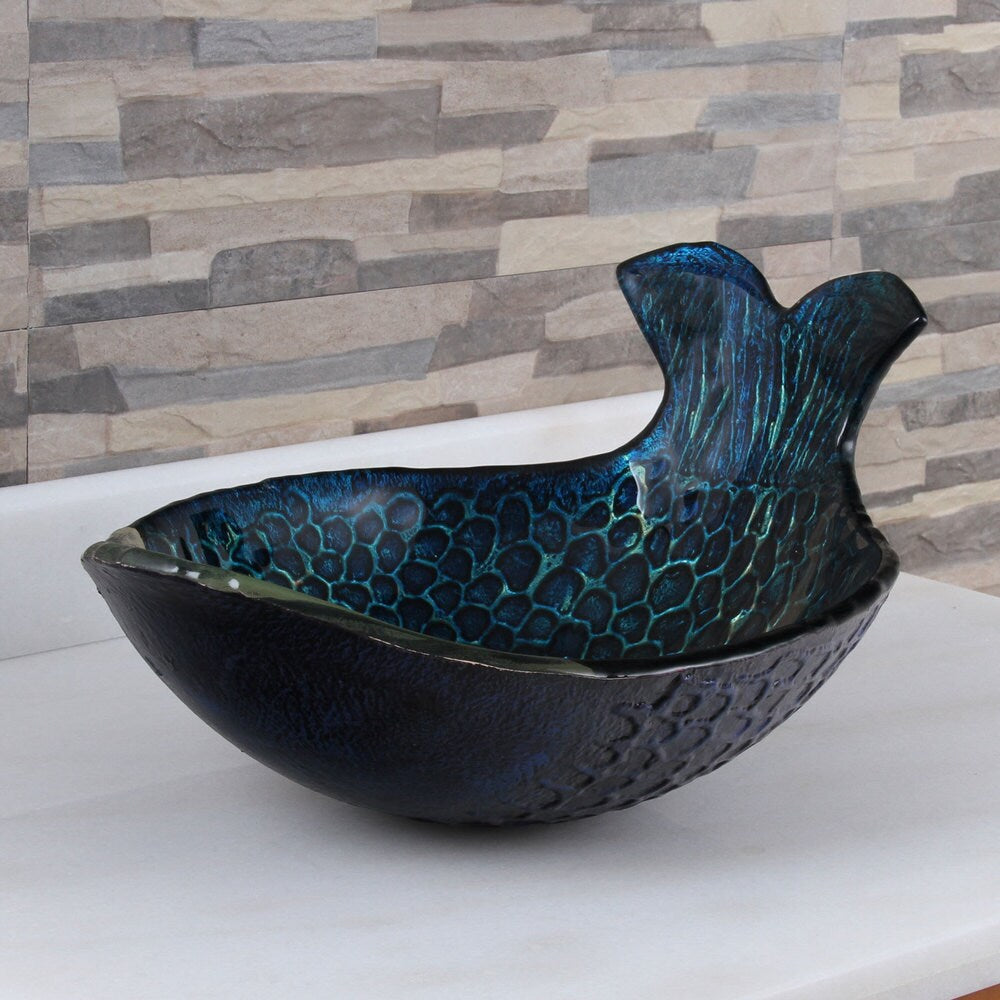 Elite Mermaid IVAN+882002 Pattern Tempered Glass Bathroom Vessel Sink with Faucet Combo