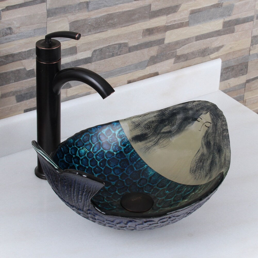 Elite Mermaid IVAN+882002 Pattern Tempered Glass Bathroom Vessel Sink with Faucet Combo