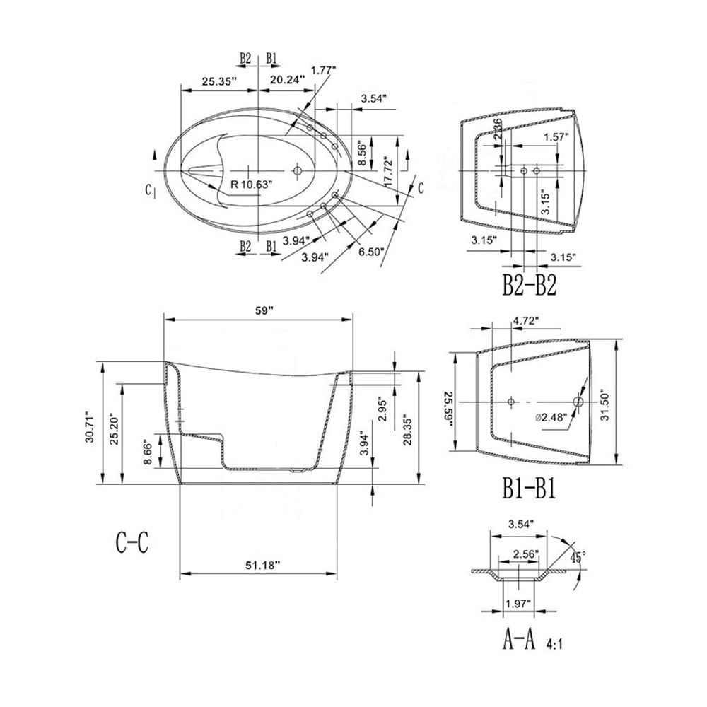 59" W x 31.5" D x 30.71" H in. Freestanding Air Jets Bathtub - DEEP SOAKING TUB - Integrated Seat - Faucet and Showerhead