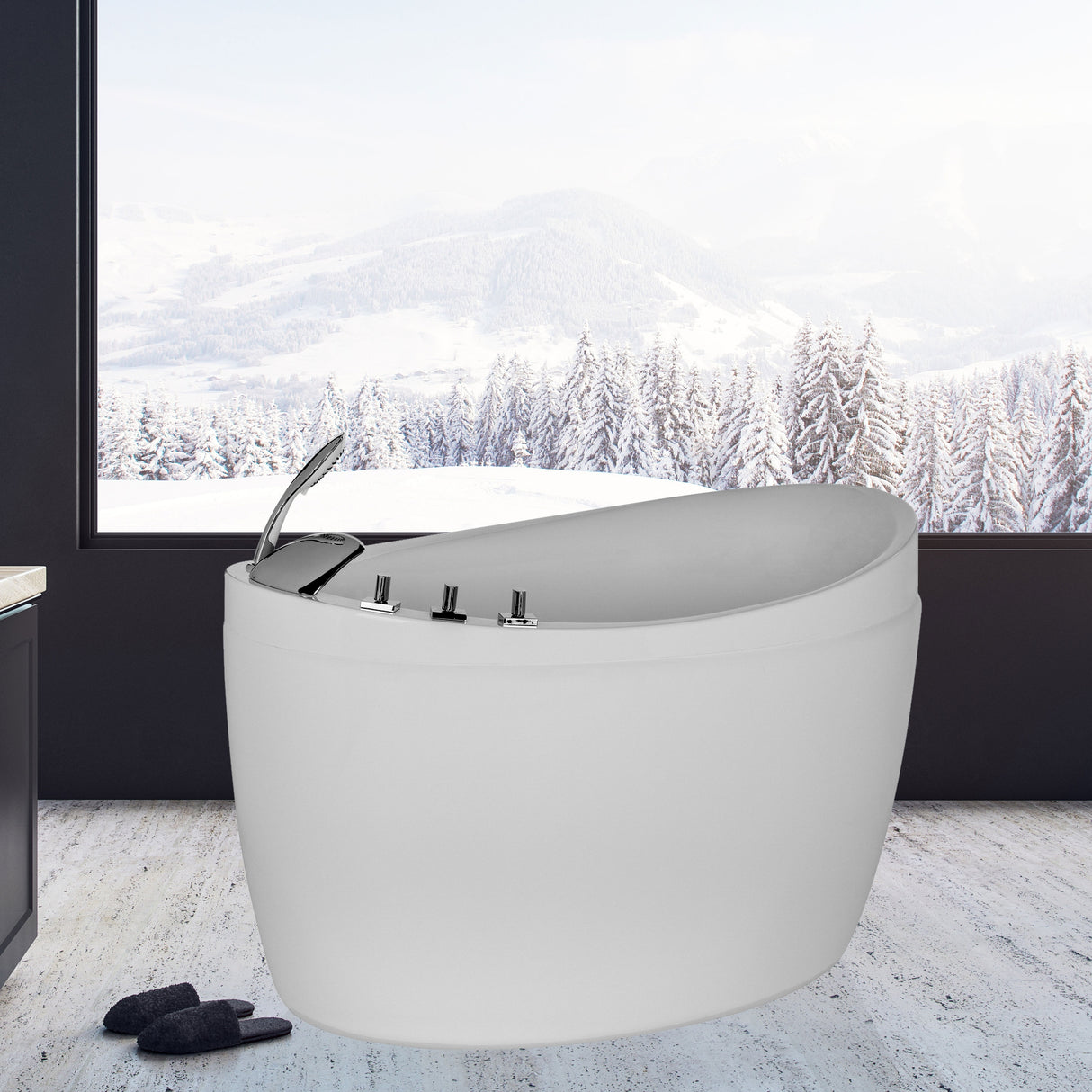 59" W x 31.5" D x 30.71" H in. Freestanding Air Jets Bathtub - DEEP SOAKING TUB - Integrated Seat - Faucet and Showerhead