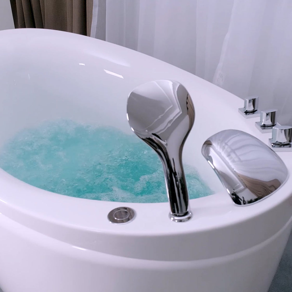 59" W x 31.5" D x 30.71" H in. Freestanding Air Jets Bathtub - DEEP SOAKING TUB - Integrated Seat - Faucet and Showerhead