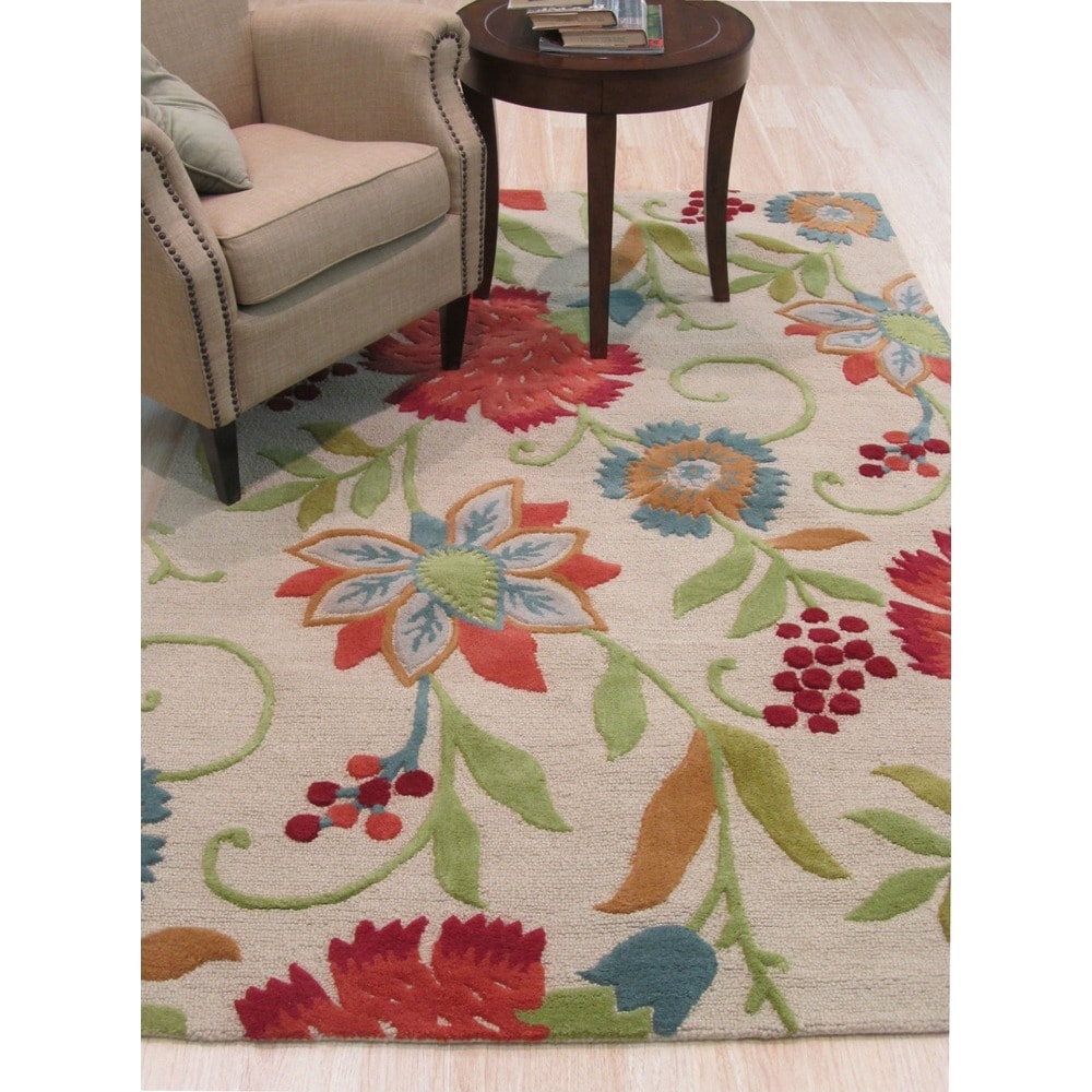 Hand-tufted Wool Ivory Transitional Floral Spring Garden Rug