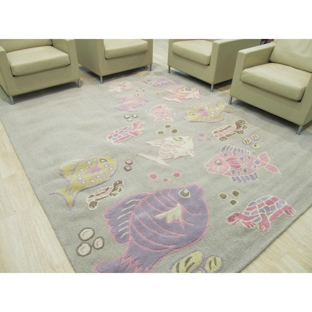 Hand-tufted Wool Gray Transitional Animal Kid's Fish & Turtle Rug - 3' x 5'