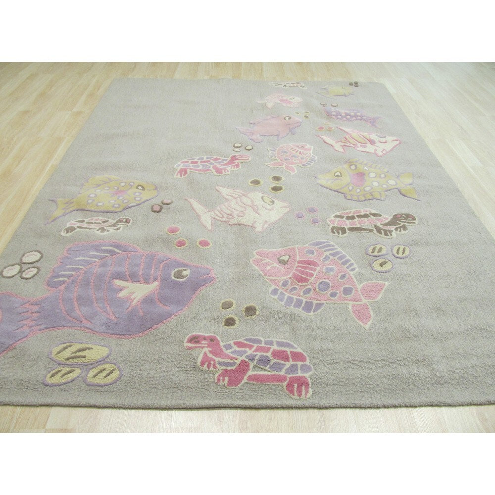 Hand-tufted Wool Gray Transitional Animal Kid's Fish & Turtle Rug - 3' x 5'