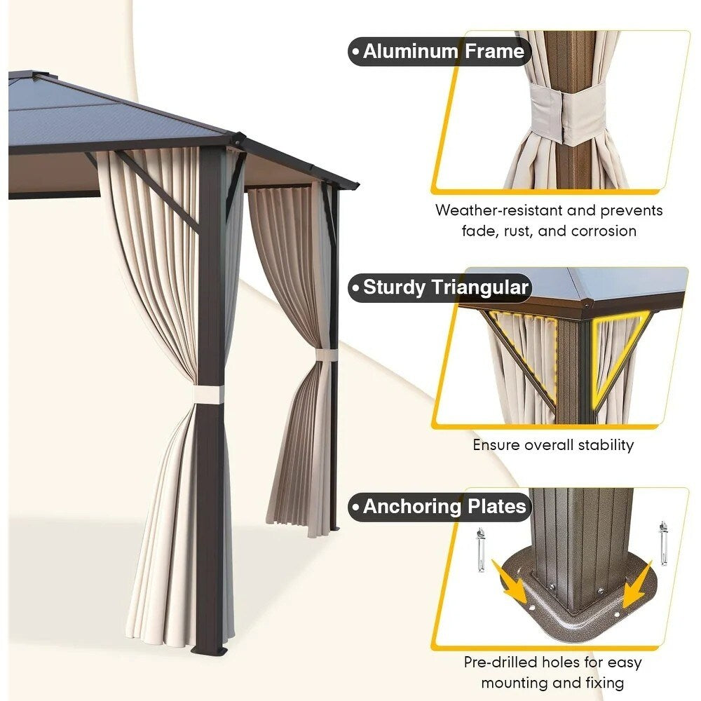 EROMMY 10x12 Outdoor Permanent Hardtop Pergola Gazebo, Featuring Premium Netting and Curtains