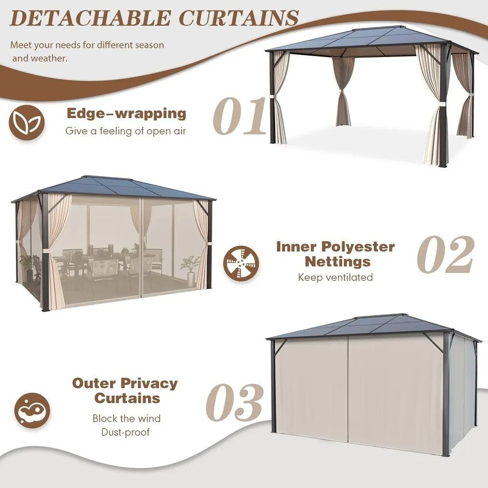 EROMMY 10x12 Outdoor Permanent Hardtop Pergola Gazebo, Featuring Premium Netting and Curtains