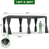 EROMMY 12x20 Adjustable Metal Roof Gazebo, Louvered Pergola for Outdoor Use, Includes Curtains and Netting for Patio