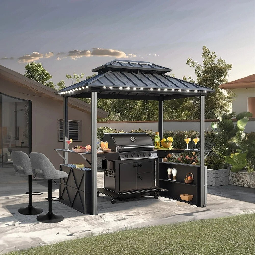 EROMMY 8x6 Aluminum Patio Gazebo BBQ Pavilion - Permanent Grill Shelter with Ceiling Hooks and Shelves