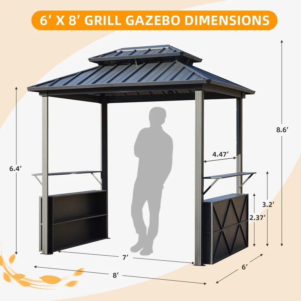 EROMMY 8x6 Aluminum Patio Gazebo BBQ Pavilion - Permanent Grill Shelter with Ceiling Hooks and Shelves