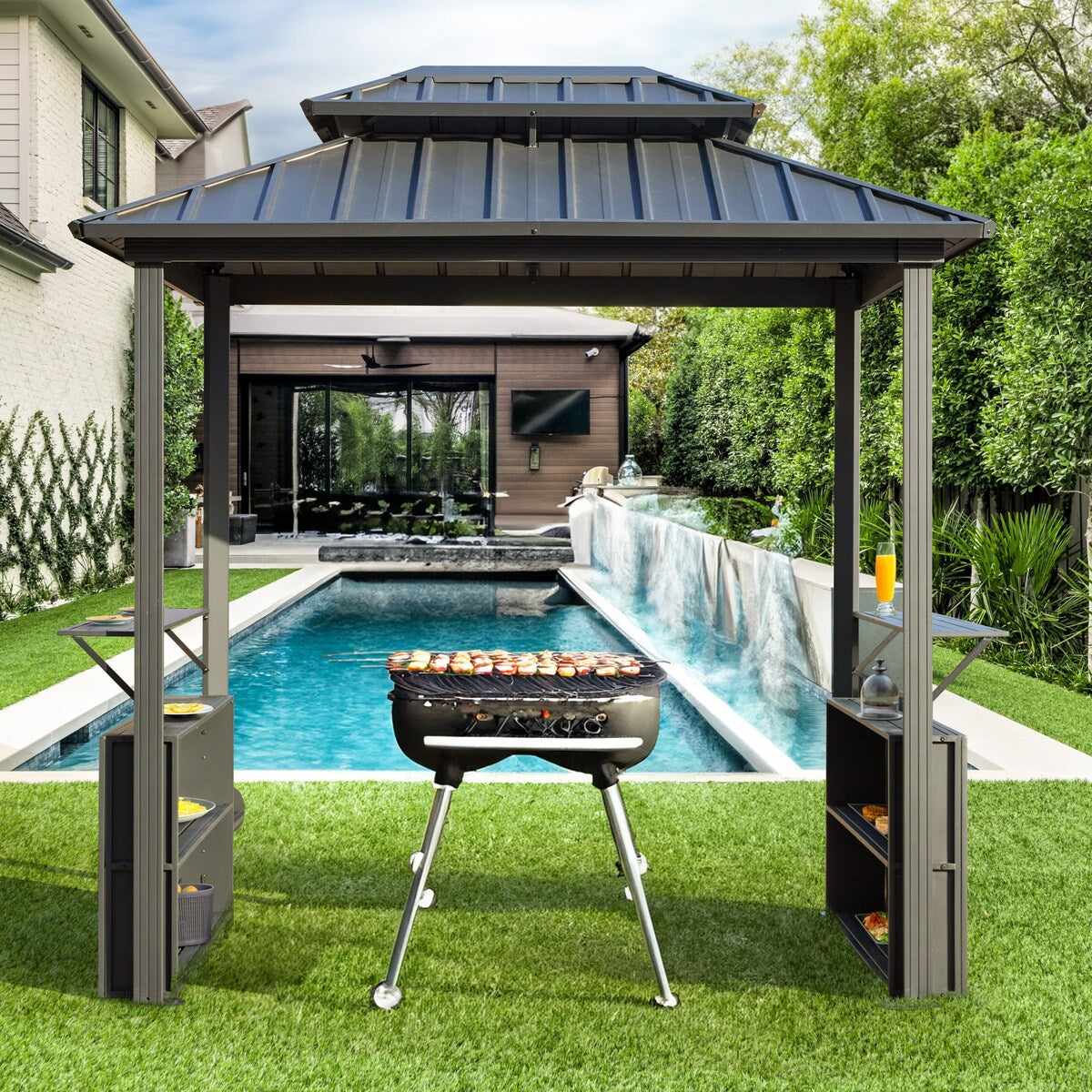 EROMMY 8x6 Aluminum Patio Gazebo BBQ Pavilion - Permanent Grill Shelter with Ceiling Hooks and Shelves