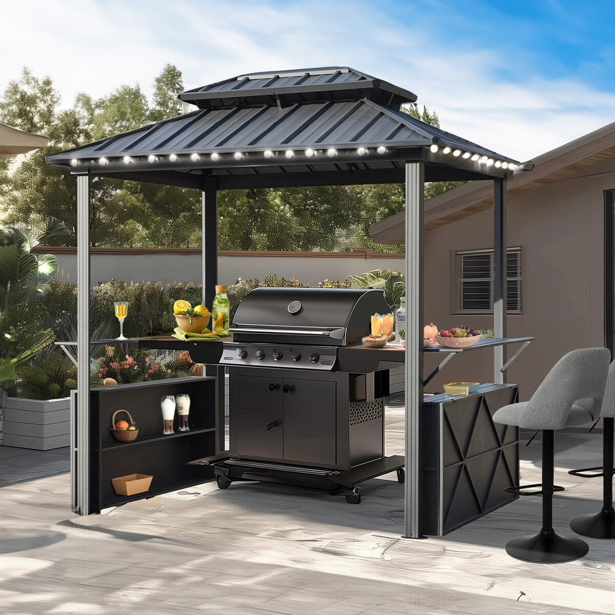 EROMMY 8x6 Aluminum Patio Gazebo BBQ Pavilion - Permanent Grill Shelter with Ceiling Hooks and Shelves