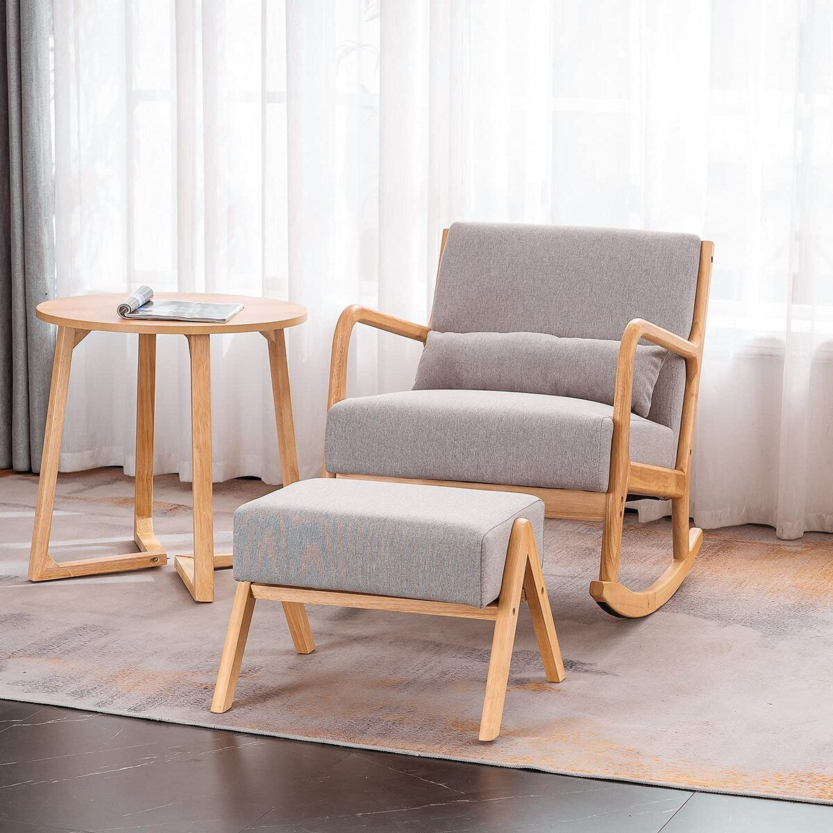 EROMMY Fabric Rocking Chair,Mid-Century Glider Rocker with Padded Seat, with Ottoman,Seat Wood Base,Linen Accent Chair