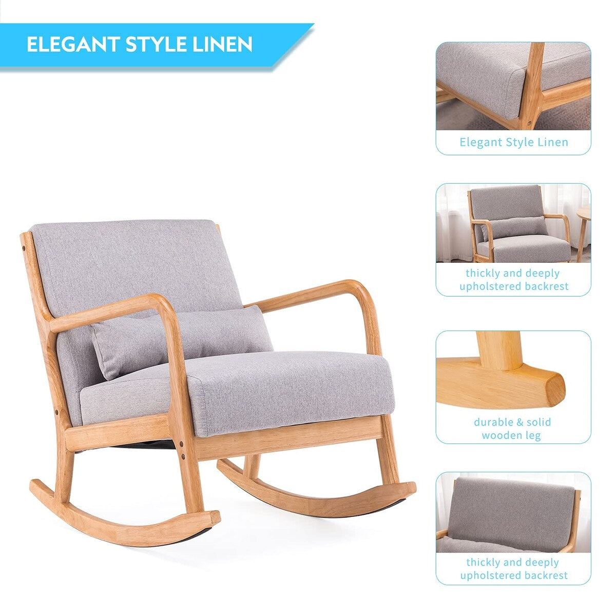 EROMMY Fabric Rocking Chair,Mid-Century Glider Rocker with Padded Seat, with Ottoman,Seat Wood Base,Linen Accent Chair
