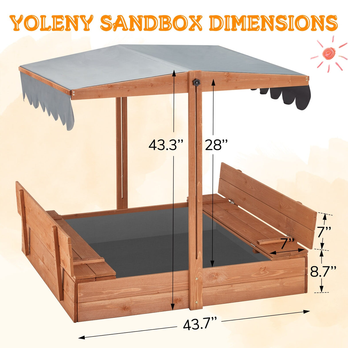 EROMMY Kids Wooden Sandbox with 2 Foldable Bench Seats and Adjustable Canopy Roof