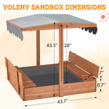 EROMMY Kids Wooden Sandbox with 2 Foldable Bench Seats and Adjustable Canopy Roof