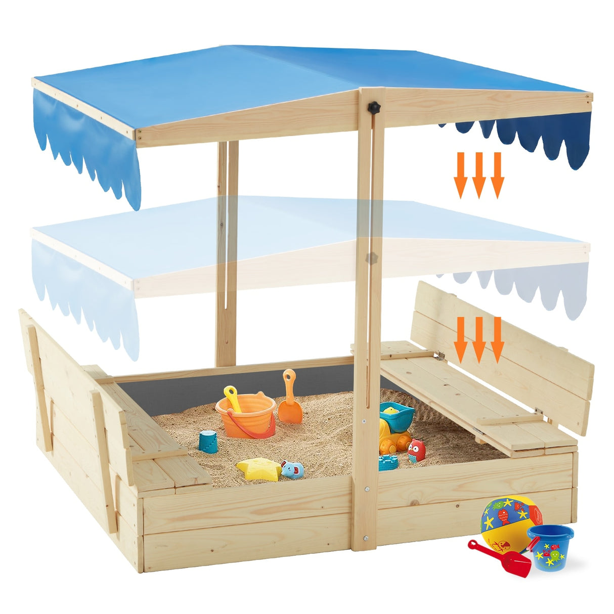 EROMMY Kids Wooden Sandbox with 2 Foldable Bench Seats and Adjustable Canopy Roof