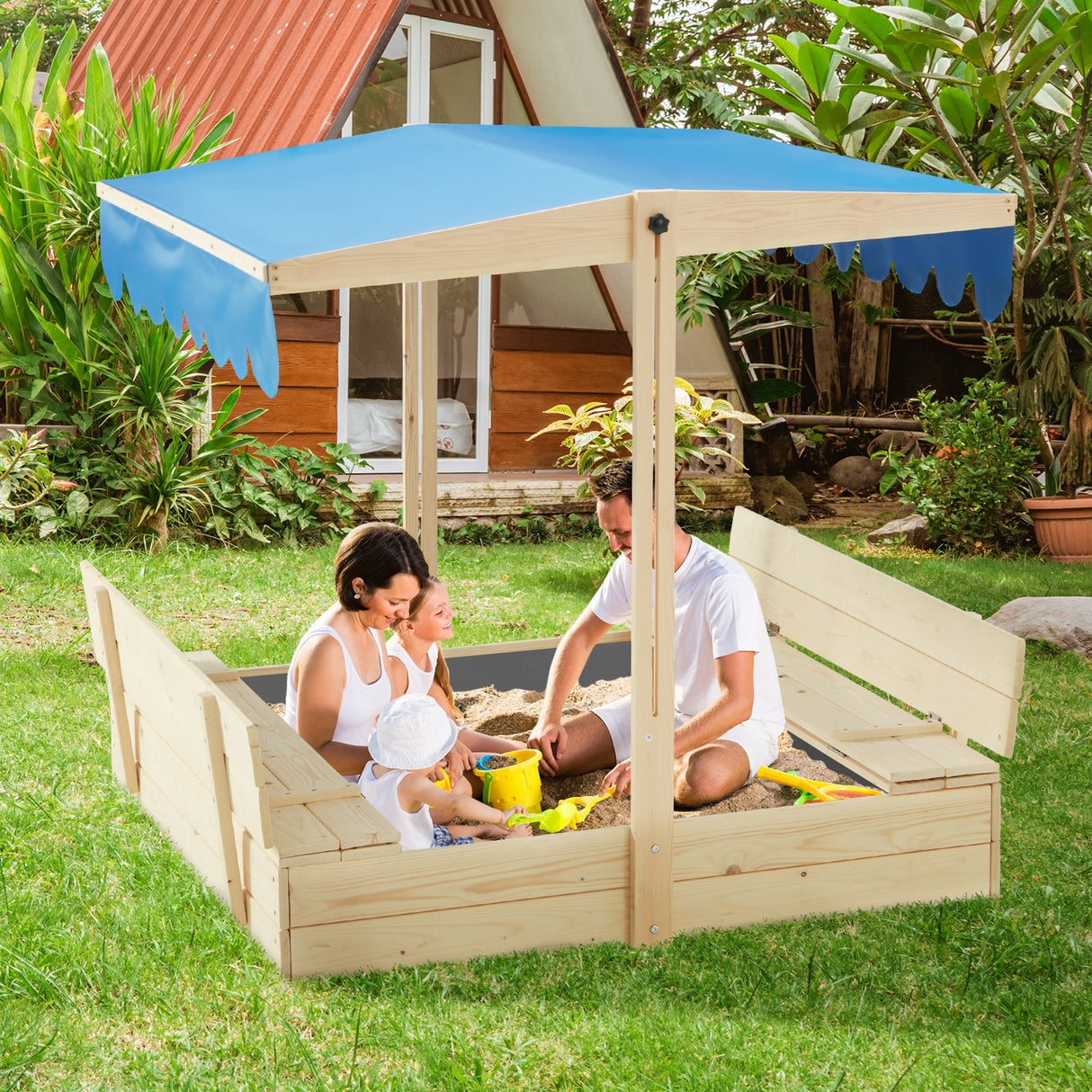 EROMMY Kids Wooden Sandbox with 2 Foldable Bench Seats and Adjustable Canopy Roof