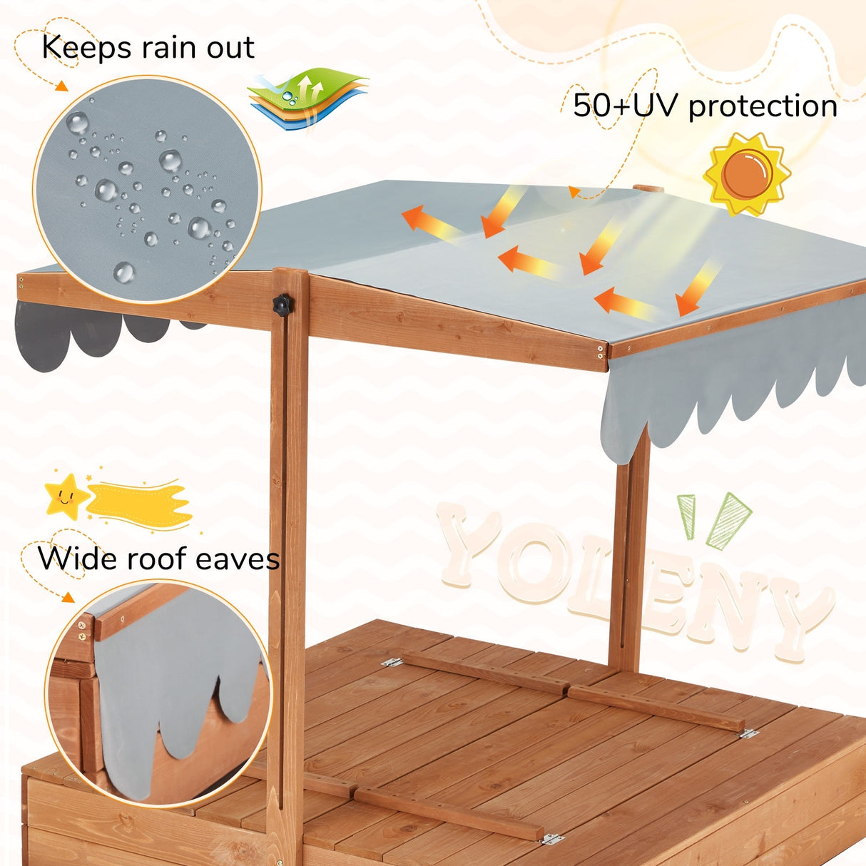 EROMMY Kids Wooden Sandbox with 2 Foldable Bench Seats and Adjustable Canopy Roof