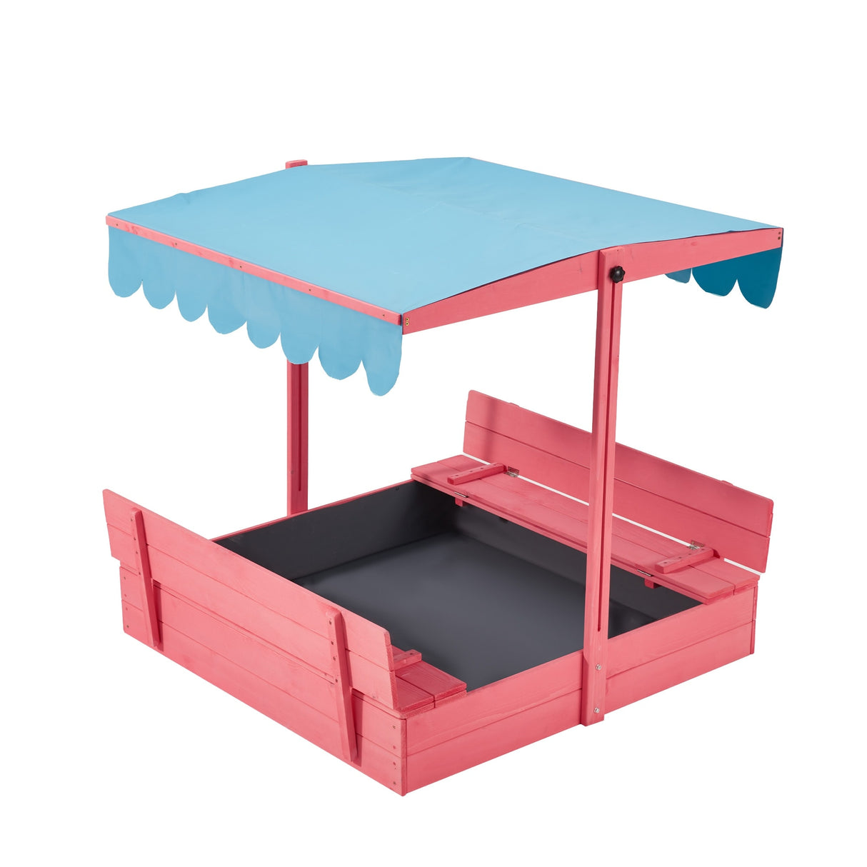 EROMMY Kids Wooden Sandbox with 2 Foldable Bench Seats and Adjustable Canopy Roof