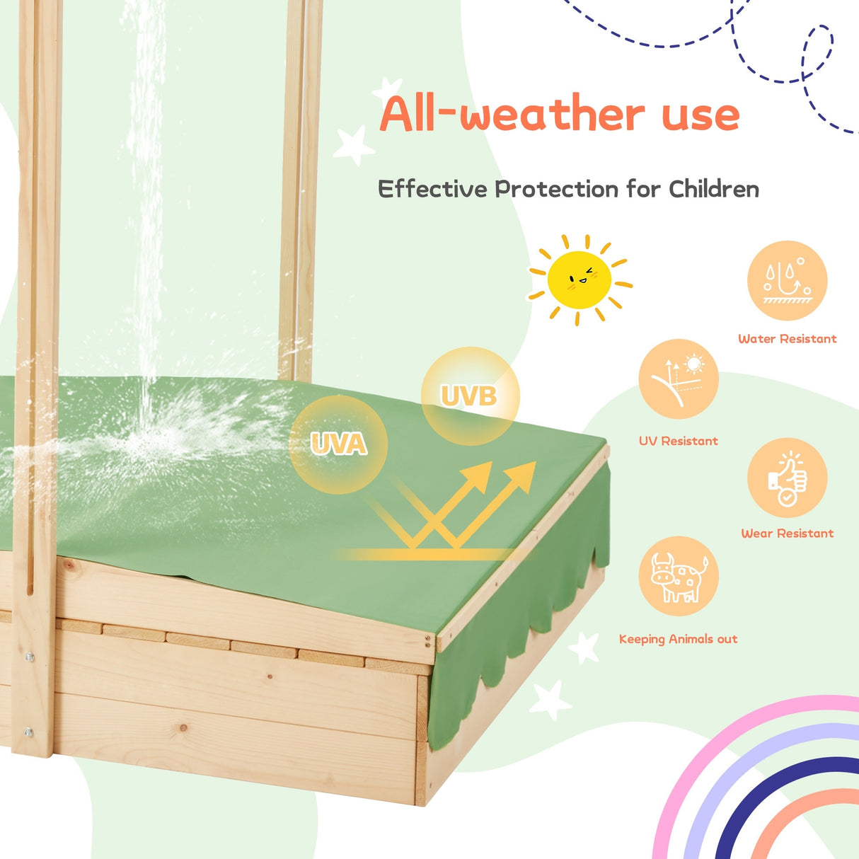 EROMMY Kids Wooden Sandbox with 2 Foldable Bench Seats and Adjustable Canopy Roof