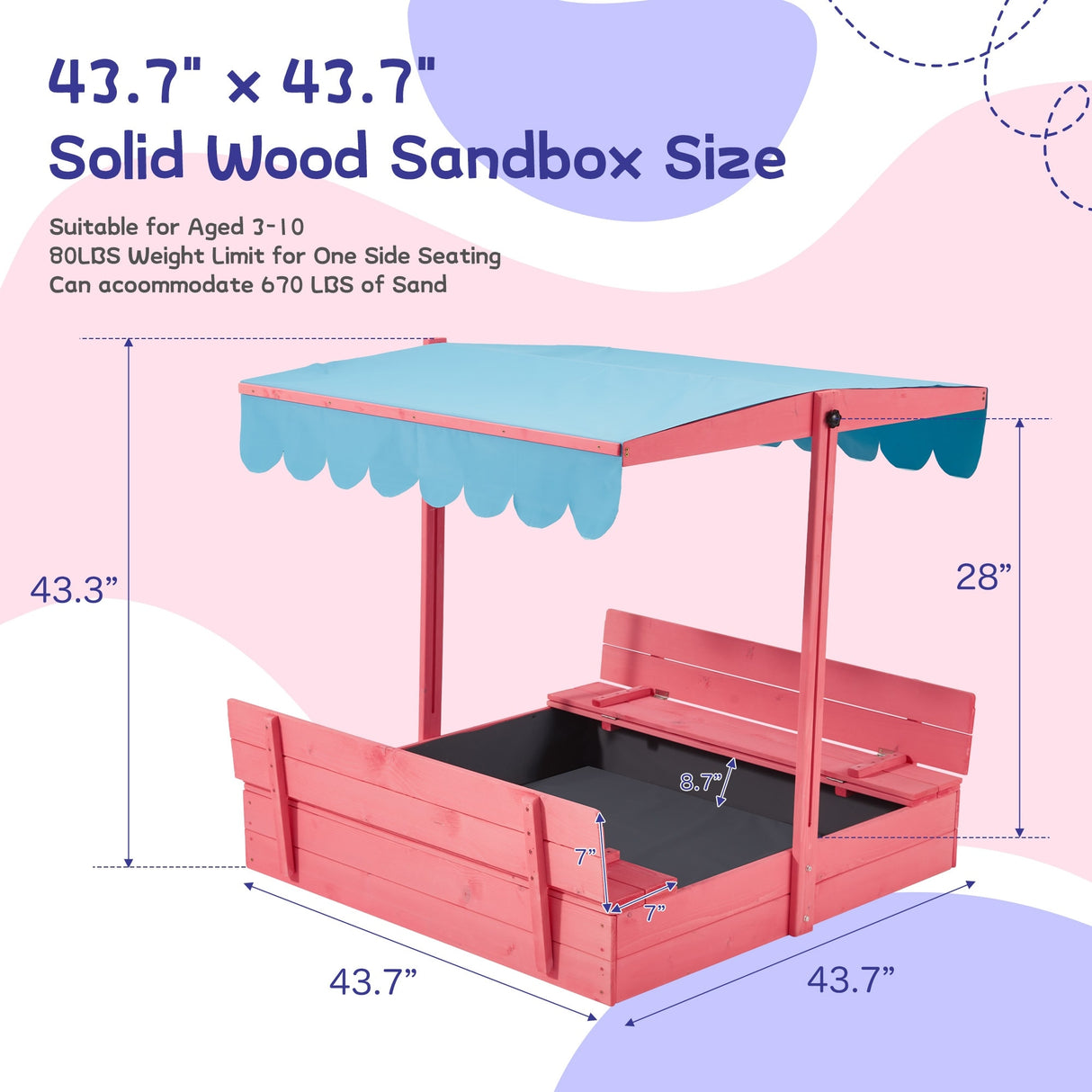 EROMMY Kids Wooden Sandbox with 2 Foldable Bench Seats and Adjustable Canopy Roof