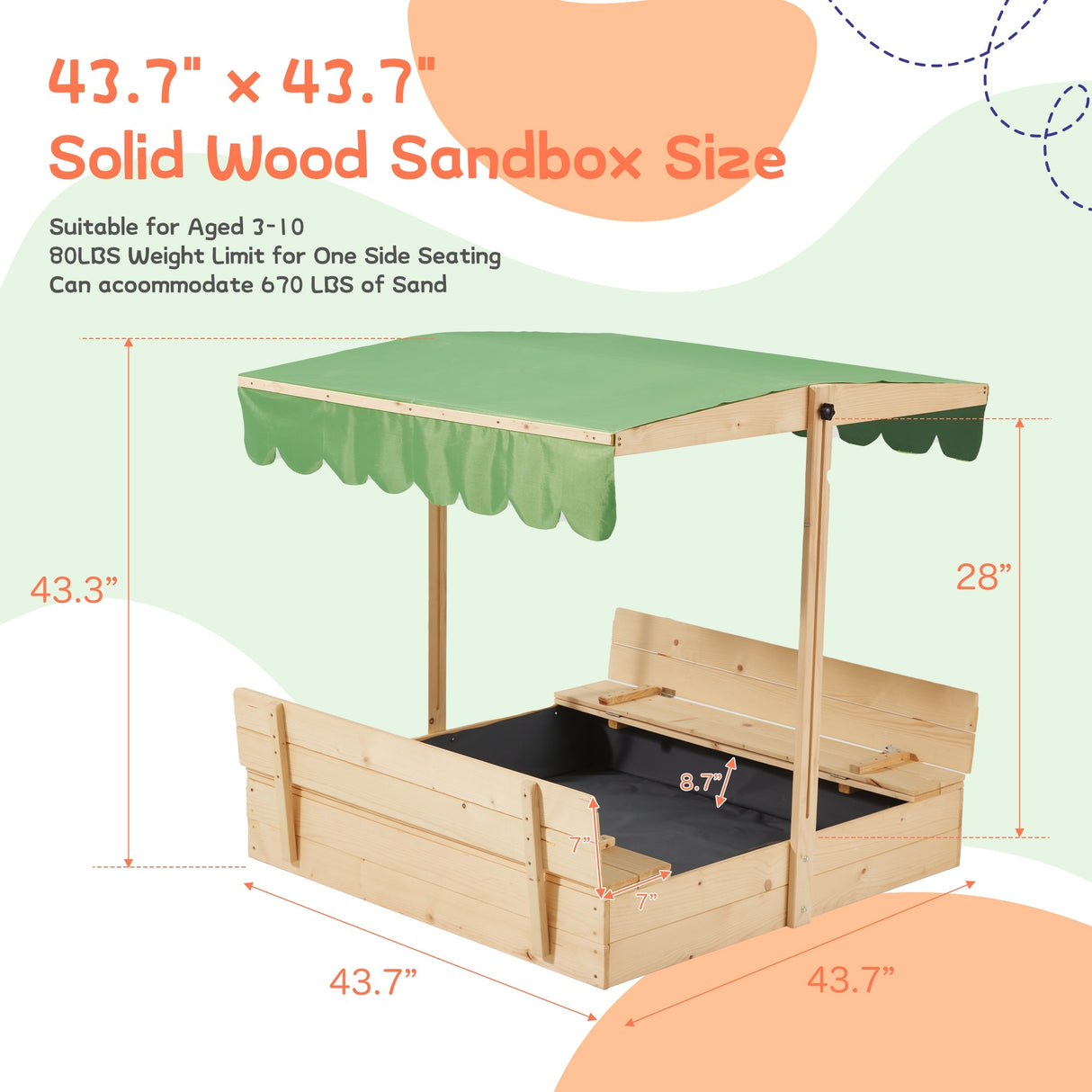 EROMMY Kids Wooden Sandbox with 2 Foldable Bench Seats and Adjustable Canopy Roof