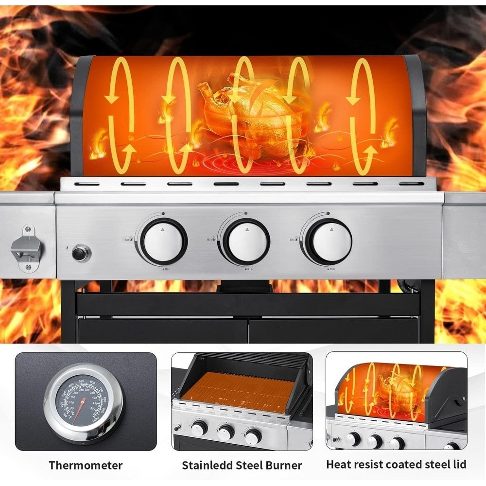 EROMMY Outdoor 3+1 Burner BBQ Propane Gas Grill - 24000 BTUs Stainless Steel Patio Barbecue Grill with Stove and Side Table