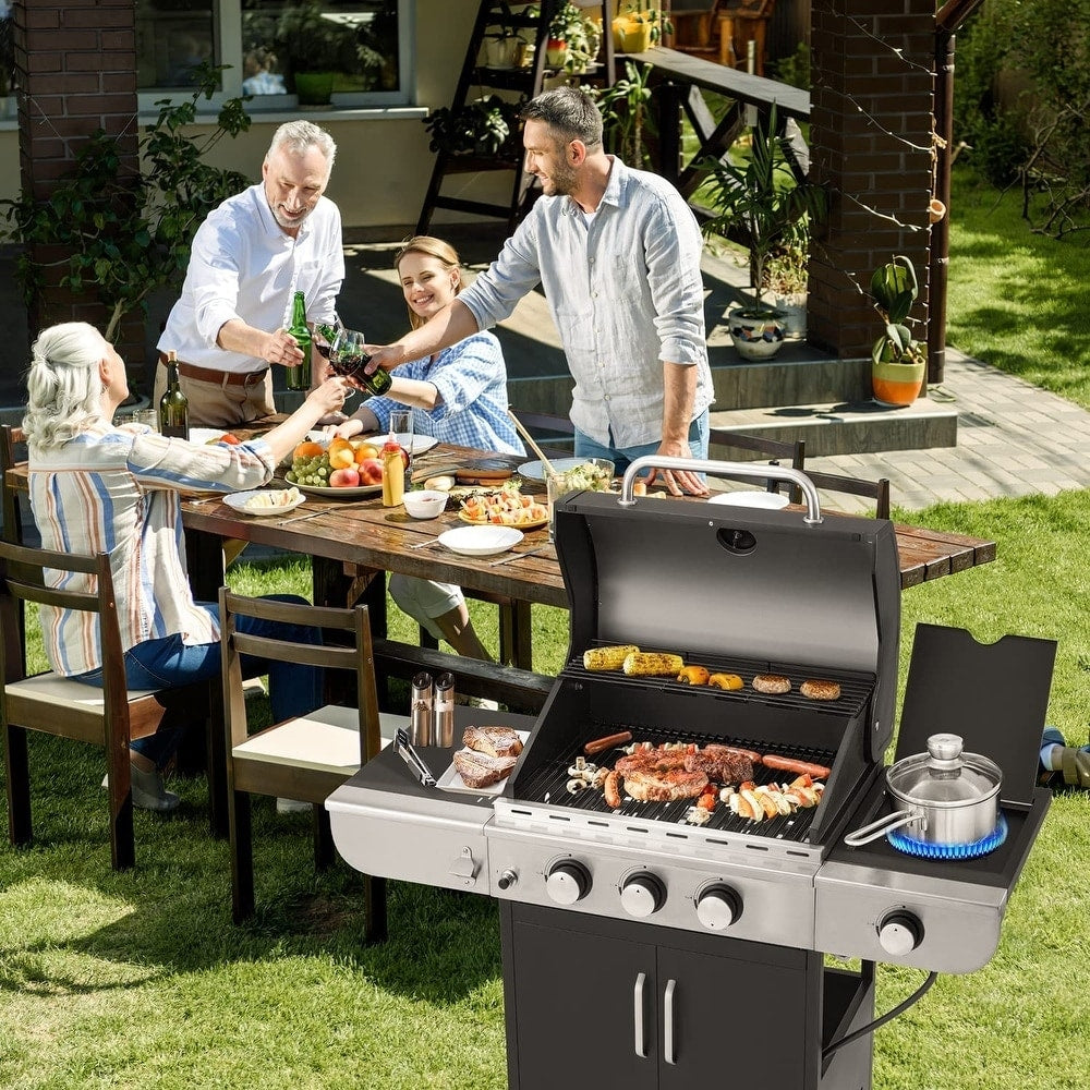 EROMMY Outdoor 3+1 Burner BBQ Propane Gas Grill - 24000 BTUs Stainless Steel Patio Barbecue Grill with Stove and Side Table