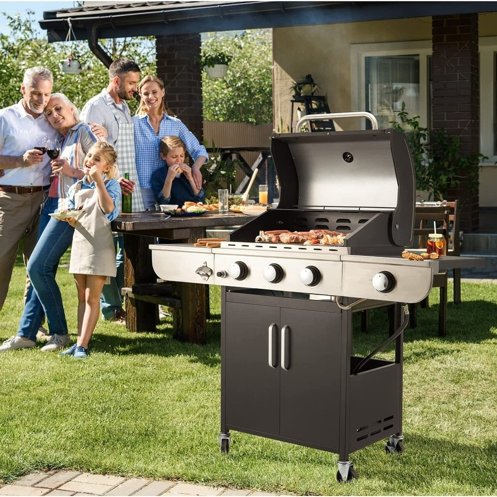 EROMMY Outdoor 3+1 Burner BBQ Propane Gas Grill - 24000 BTUs Stainless Steel Patio Barbecue Grill with Stove and Side Table