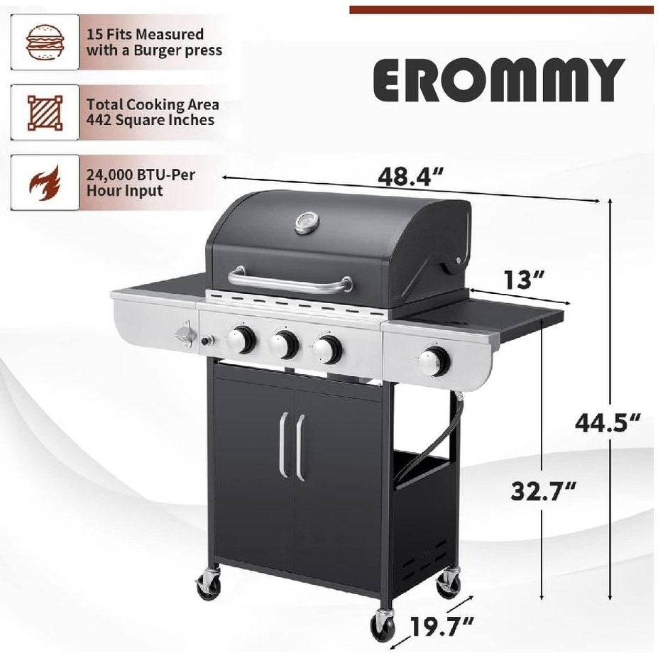 EROMMY Outdoor 3+1 Burner BBQ Propane Gas Grill - 24000 BTUs Stainless Steel Patio Barbecue Grill with Stove and Side Table