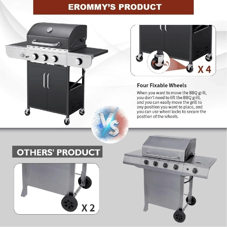 EROMMY Outdoor 3+1 Burner BBQ Propane Gas Grill - 24000 BTUs Stainless Steel Patio Barbecue Grill with Stove and Side Table