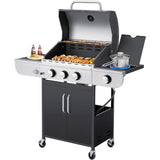 EROMMY Outdoor 3+1 Burner BBQ Propane Gas Grill - 24000 BTUs Stainless Steel Patio Barbecue Grill with Stove and Side Table