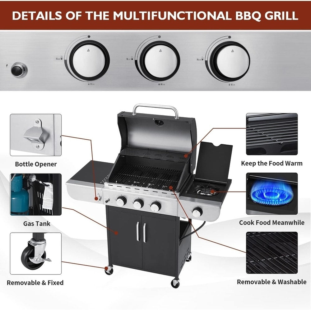 EROMMY Outdoor 3+1 Burner BBQ Propane Gas Grill - 24000 BTUs Stainless Steel Patio Barbecue Grill with Stove and Side Table