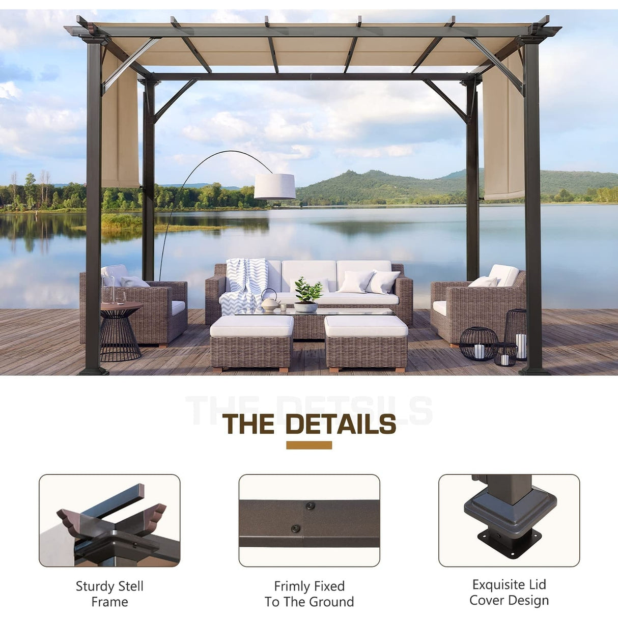 Outdoor 10' x 10' Pergola with Sun Shade Canopy on Top and Sides, Aluminum Frame