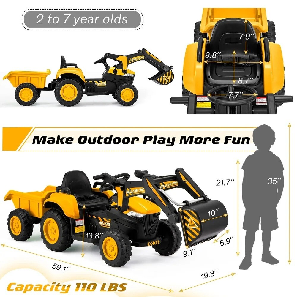 EROMMY Remote-Controlled Ride-On Car with Digger, Horn, Lights, Music Player, and Safety Belt - N/A