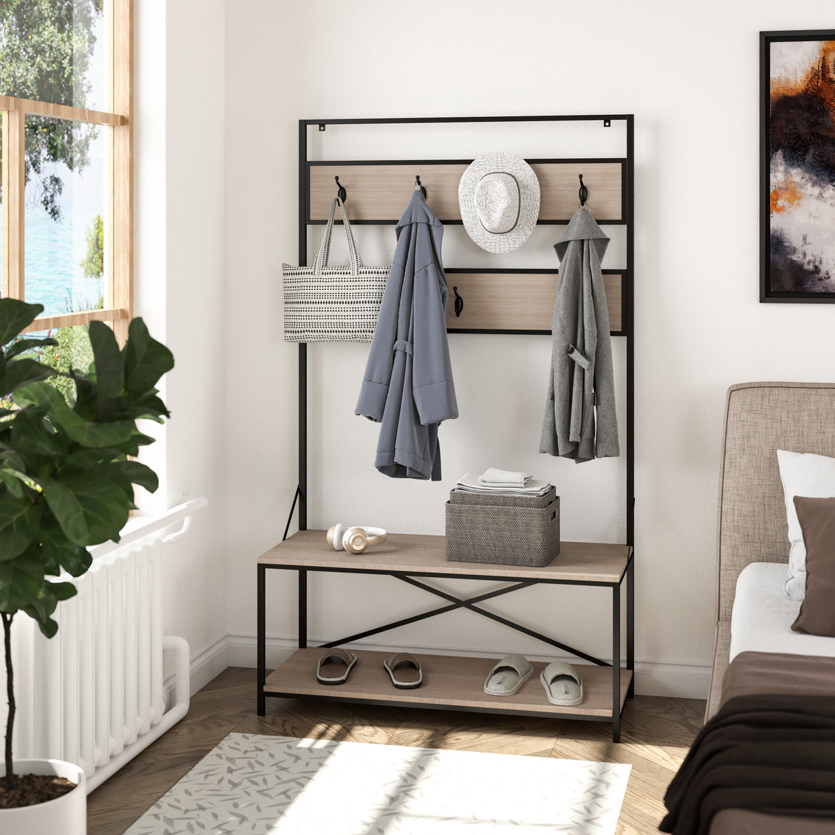 EVE-Modern 68-inch Height Mixed Material Hall Tree With Bench and Storage - 68*40*15 inches