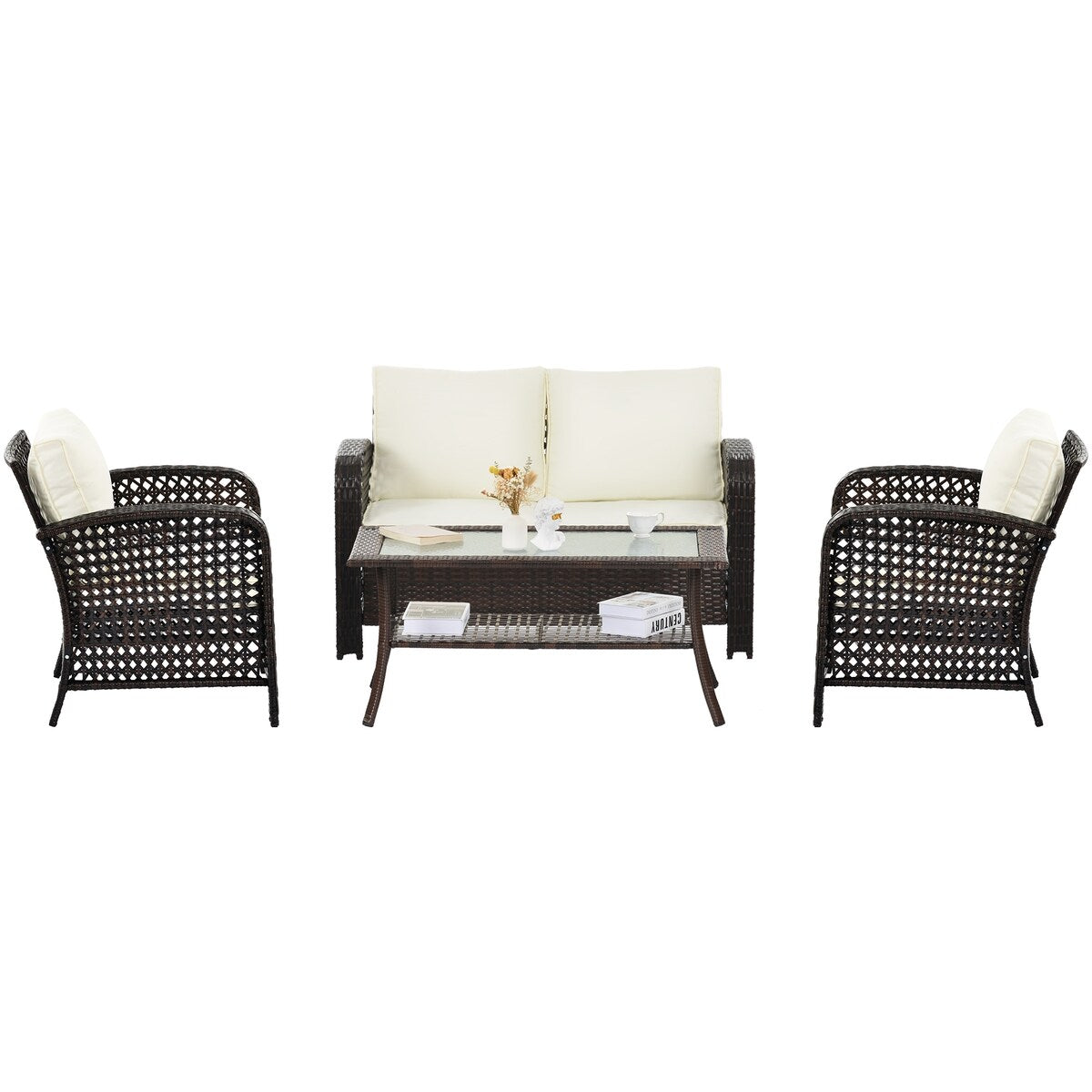 4-Pieces Rattan Outdoor Sofa Sets with Glass-Tabletop Coffee Table with Storage Shelf
