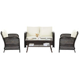 4-Pieces Rattan Outdoor Sofa Sets with Glass-Tabletop Coffee Table with Storage Shelf