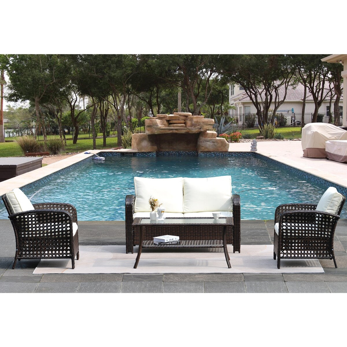 4-Pieces Rattan Outdoor Sofa Sets with Glass-Tabletop Coffee Table with Storage Shelf