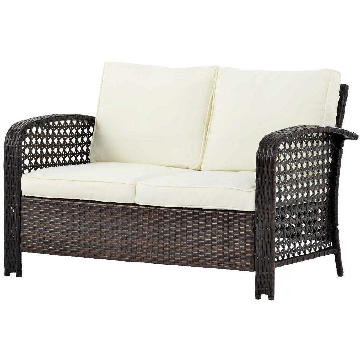 4-Pieces Rattan Outdoor Sofa Sets with Glass-Tabletop Coffee Table with Storage Shelf