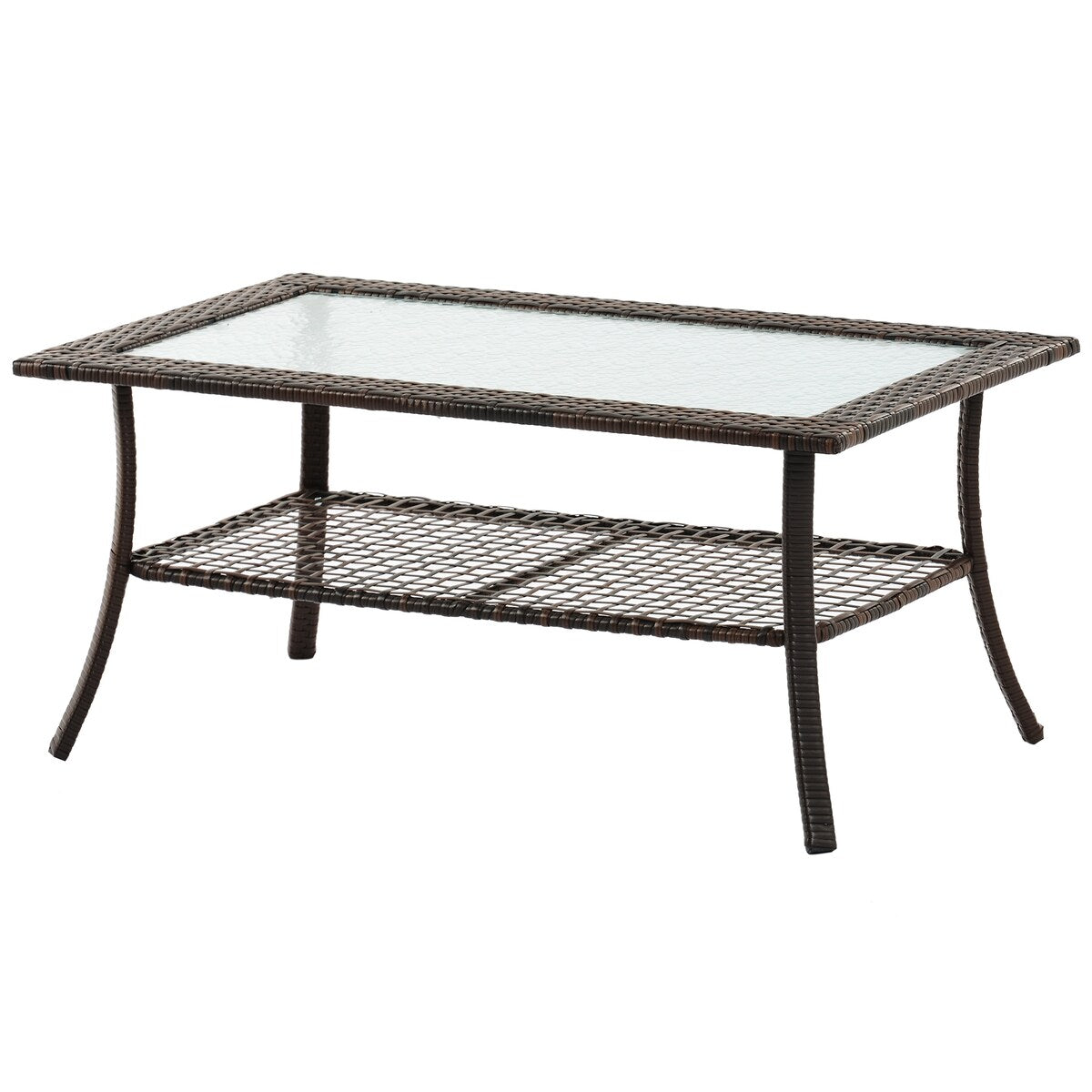 4-Pieces Rattan Outdoor Sofa Sets with Glass-Tabletop Coffee Table with Storage Shelf